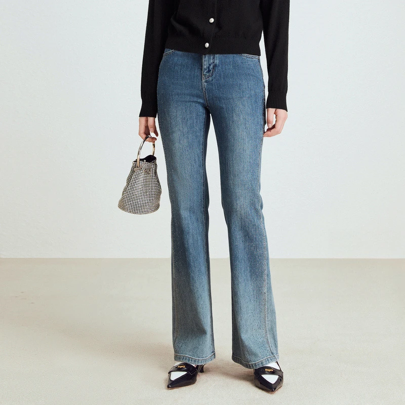 【女神价】珂莱蒂秋季渐变蓝色中腰喇叭休闲裤烫钻时尚显瘦百