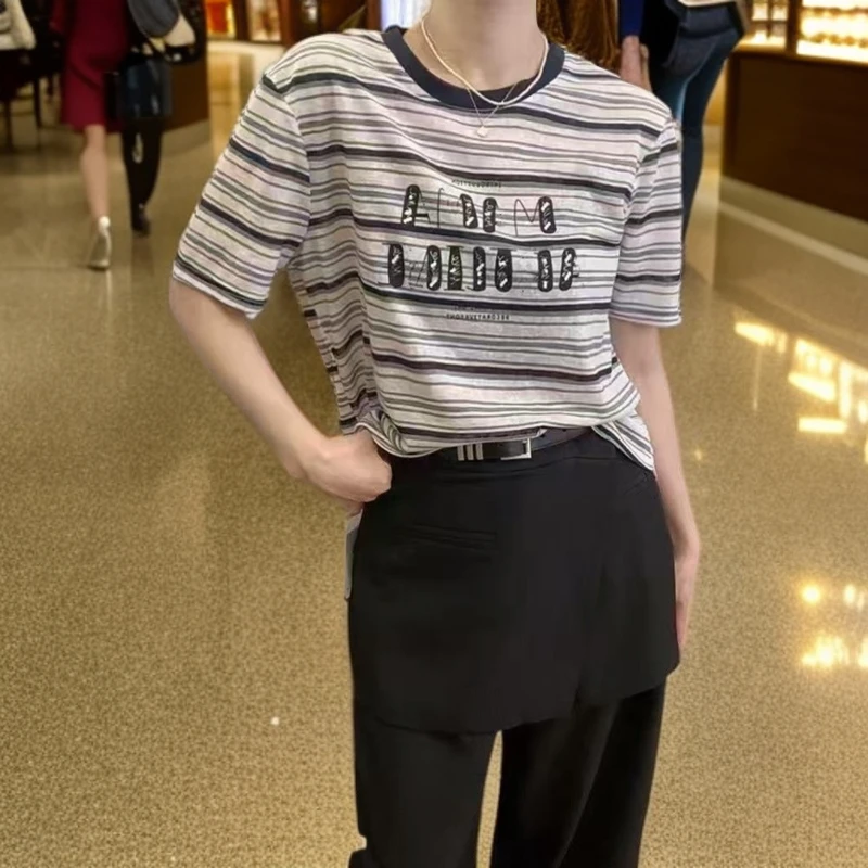 257-51番外夏季新款时尚印花字母百搭显瘦圆领条纹短袖T恤女