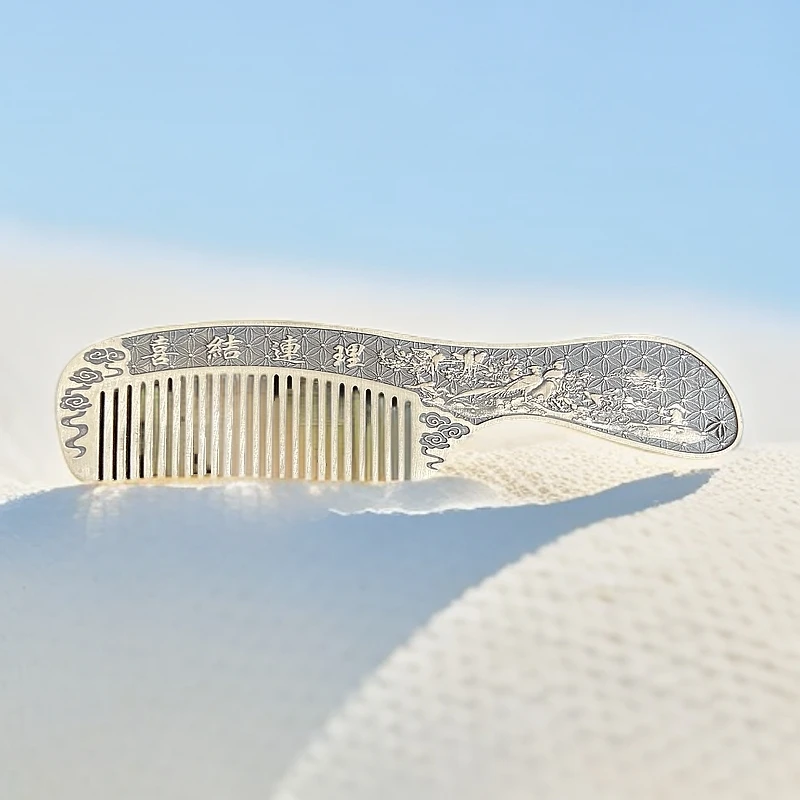 足银银制品 喜结连理百福银梳子 足银999做旧复古实心纯手工錾刻