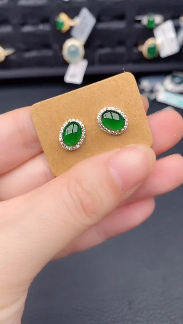 银S925镶嵌翡翠耳饰天然a货翡翠477