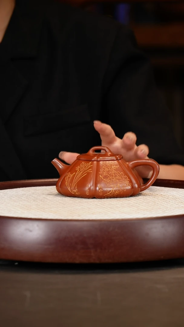 茶壶紫砂【曹秀芬】龙山朱砂筋纹石瓢+花器杯*2