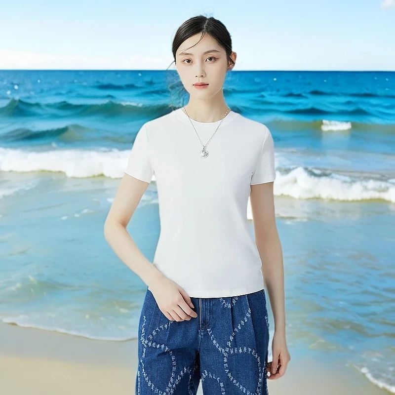哥弟品质女装夏季时尚简约休闲圆领纯色超值小白短袖T恤女1301048