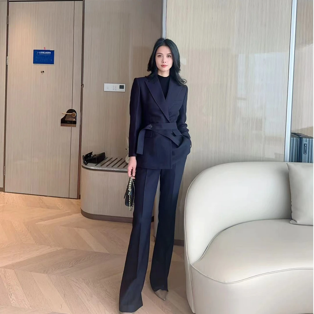 深藏青双排一扣腰带款西装套装显瘦气质女士职业西服喇叭长裤女装