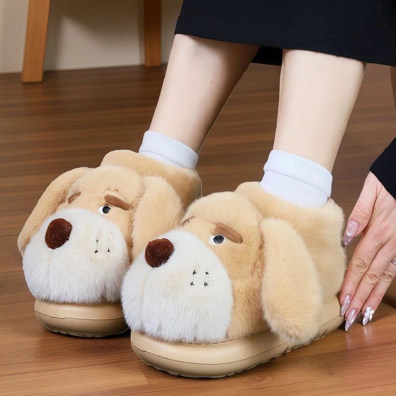 可爱全包跟毛毛鞋女冬季加绒保暖室内防滑卡通狗狗居家棉拖鞋