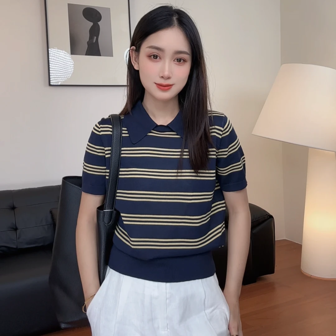 2025新款春夏老钱风设计款条纹翻领短袖女款时尚针织上衣Y8360