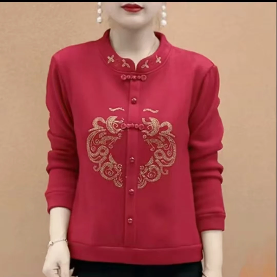 2025秋冬新品洋气盘扣国风加绒新年上衣洋气烫钻福字内搭妈妈装女