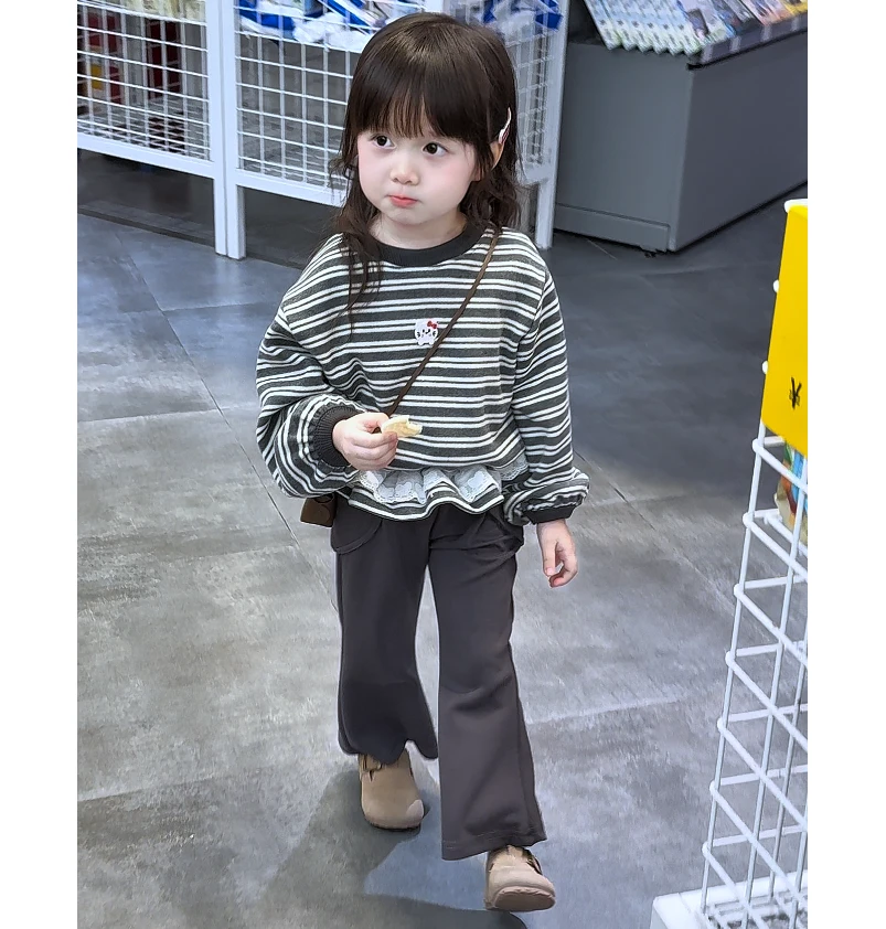 女童秋季新款条纹卫衣套装洋气女宝宝卡通蕾丝边上衣休闲裤两件套