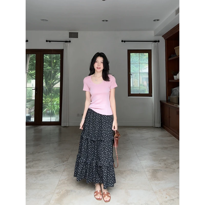 郭九九呢 羊毛桑蚕丝U领显瘦短袖印花蛋糕木耳边半身裙G925G09228