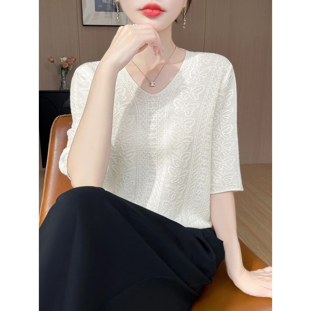 【梅姐专属】夏季精仿羊毛100%时尚百搭气质女上衣QHNSY-351