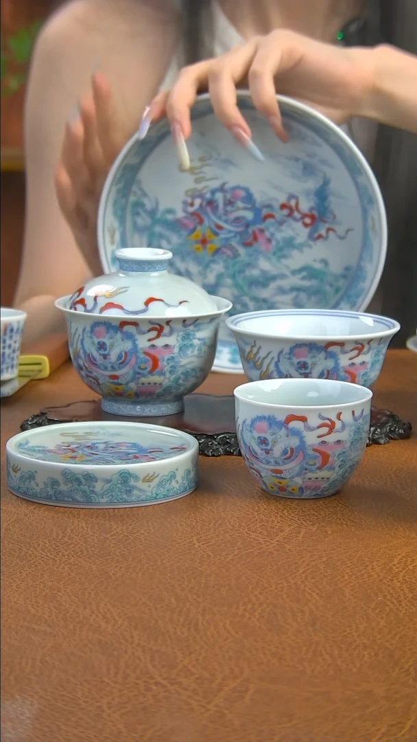 景德镇手工斗彩描金醒狮5件套组