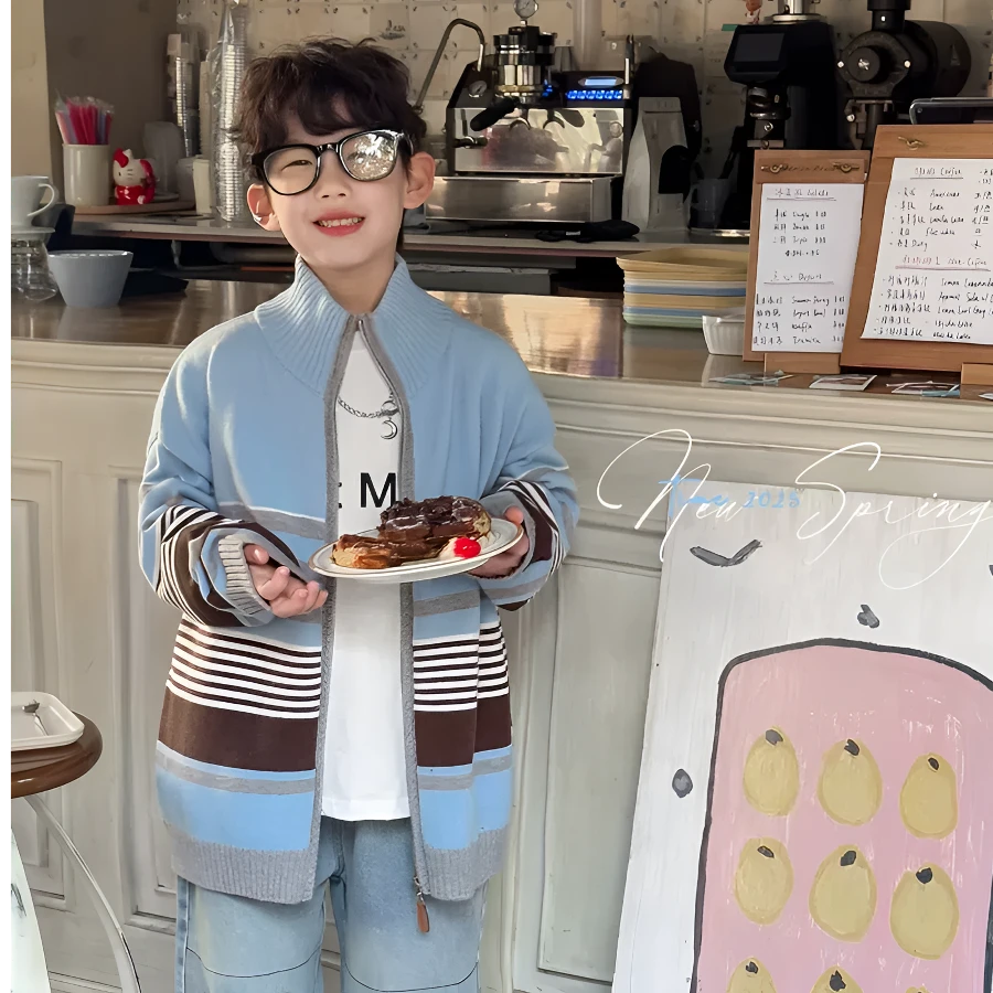 麦哟哟儿童春款外套高领拉链针织开衫时尚条纹休闲百搭宽松潮流