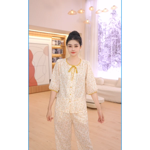 秋鹿梭织印花七分袖九分裤女套碎花休闲夏季薄款QHCP2127D