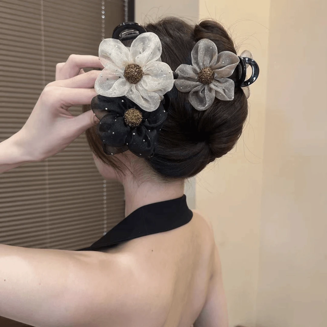 百搭后脑勺夹子网纱太阳花抓夹马尾丸子头抓夹抓夹精致气质抓夹
