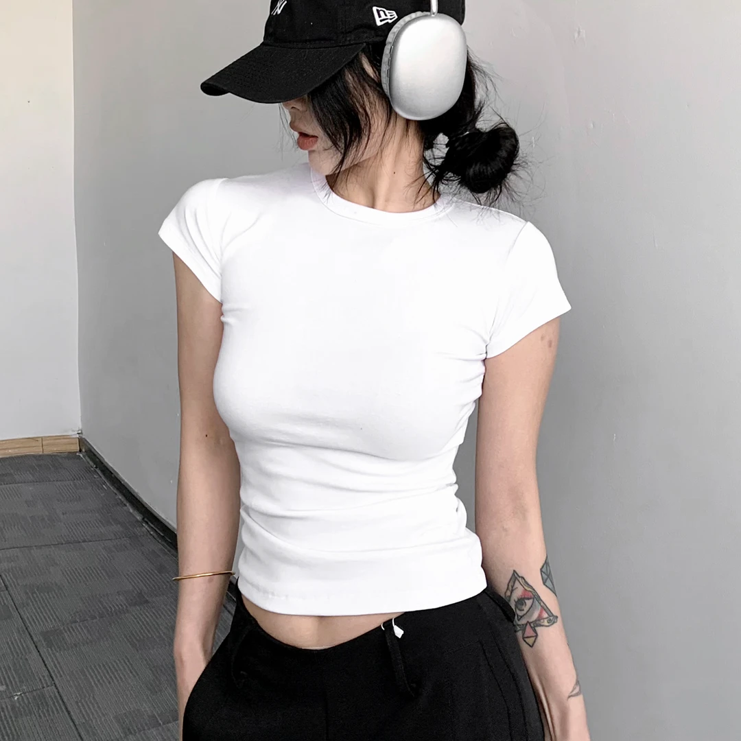 冰丝圆领美式正肩T恤短袖2025夏季新款修身紧身显瘦黄色上衣