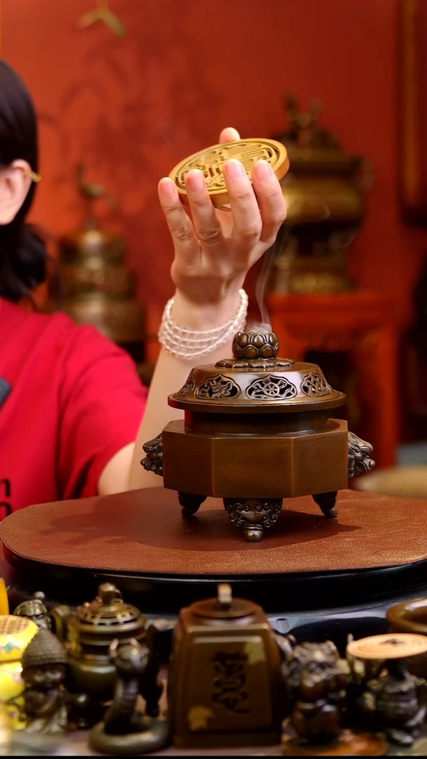 铜芝***香狮耳八角熏香炉