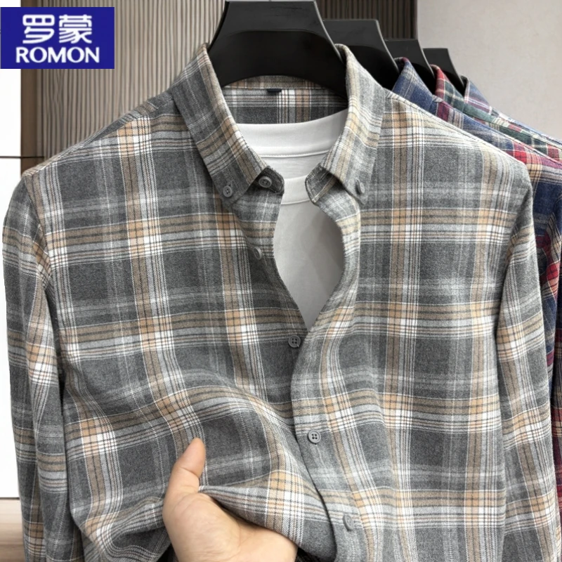 罗蒙纯棉磨毛格子时尚复古男士春秋柔软衬衫休闲合身气质长袖经典