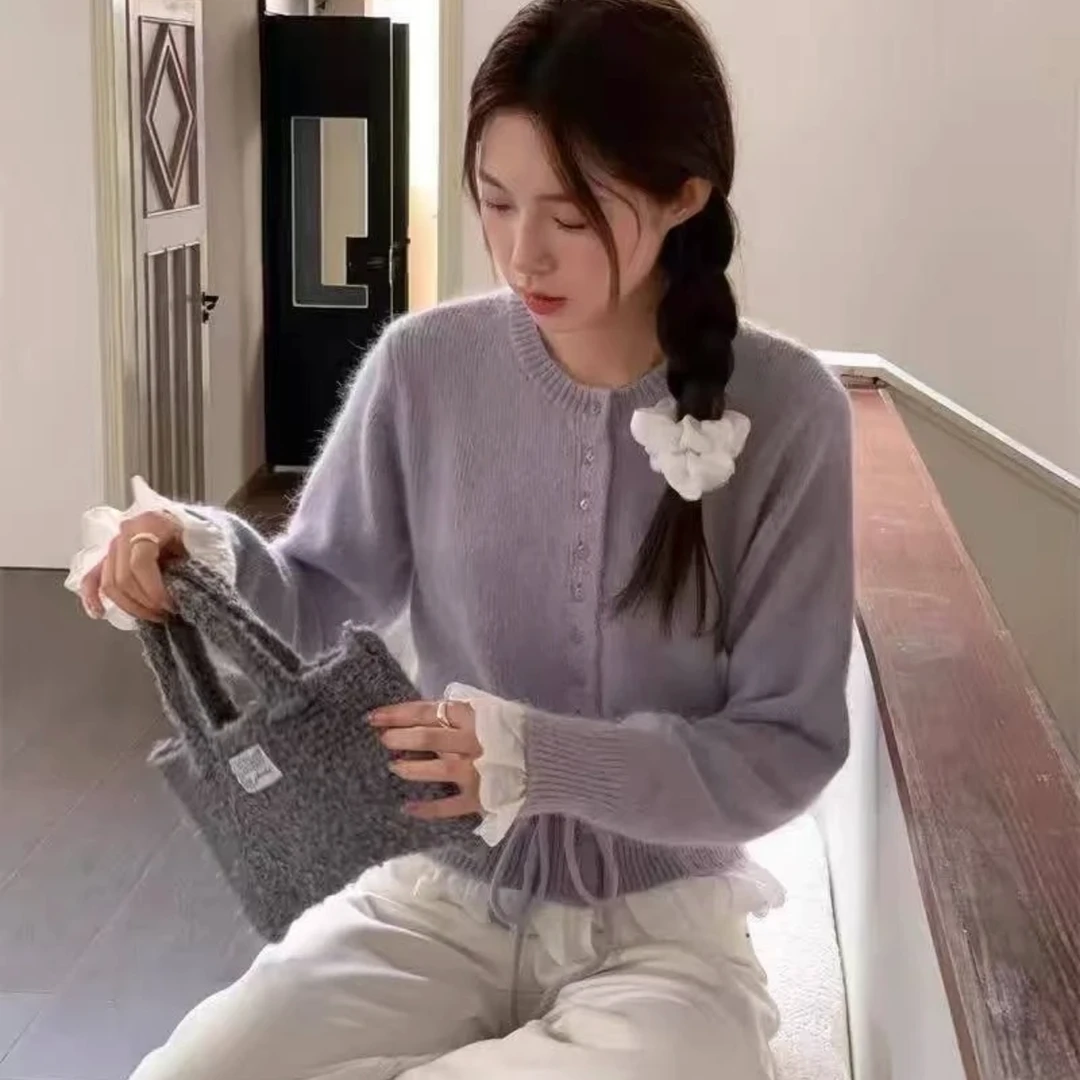 早春针织衫毛衣女冬季甜美风设计感荷叶边系带长袖打底衫
