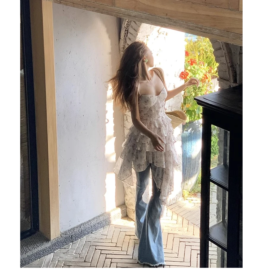 小丽70莉莉雅的舞会碎花吊带连衣裙甜辣妹小众设计蓬蓬蛋糕裙