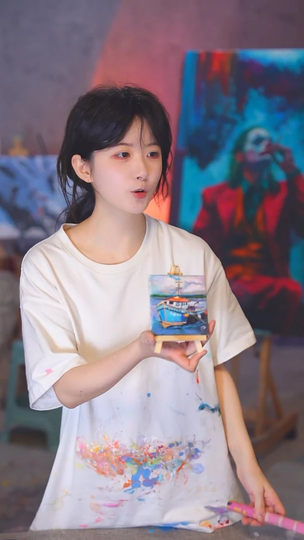 油画M**孫小尺寸摆台帆船丙烯画纯手绘