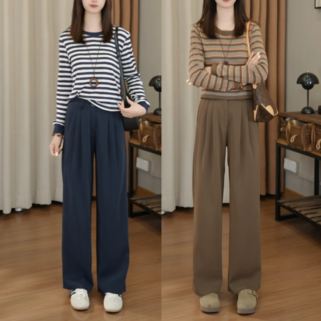 小个子女早秋高腰裤子女修身宽松显瘦垂感直筒休闲半松紧腰阔腿裤