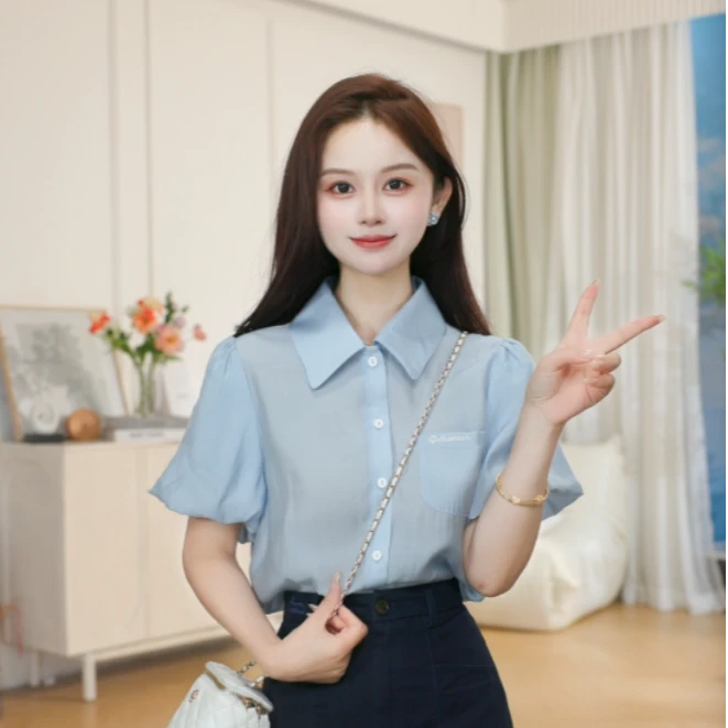 夏季2025纯色薄款衬衫时尚百搭宽松短袖衬衣上衣女