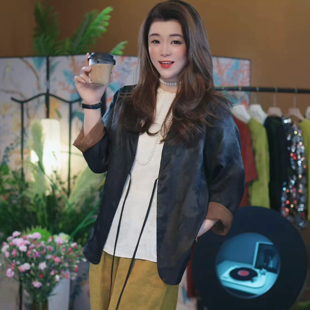 【冠乐皱中式风开衫外套】桑蚕丝香云纱老料开衫