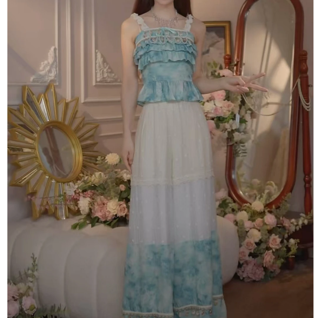 艾日秀春夏度假蓝色晕染亮片吊带上衣高腰长裤显瘦套装女 F0676