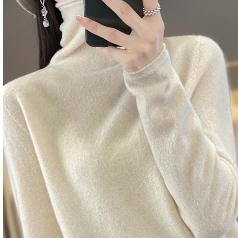 秋冬新款一线成衣无缝堆堆领100%纯羊毛衫女套头针织WQ016