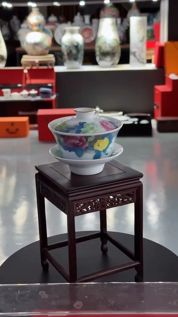 【闪购商品】手绘款花开富贵三才盖碗
