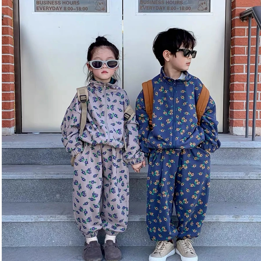 男童碎花套装女童休闲韩版拉链春秋套装儿童时尚秋季满印外套网红