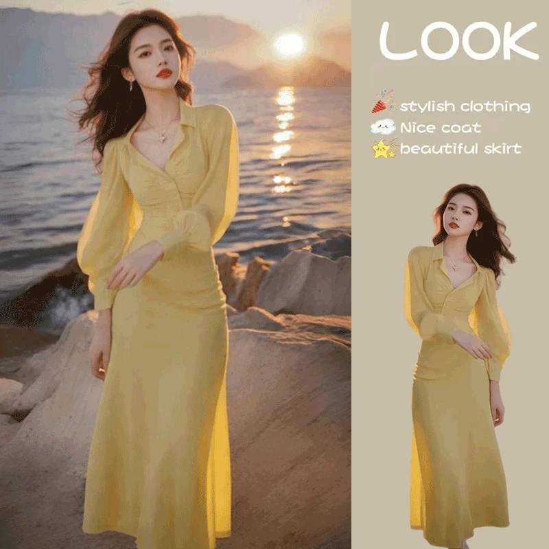 法式气质时尚黄色衬衫连衣裙2025春季新款独特超好看收腰长裙女装