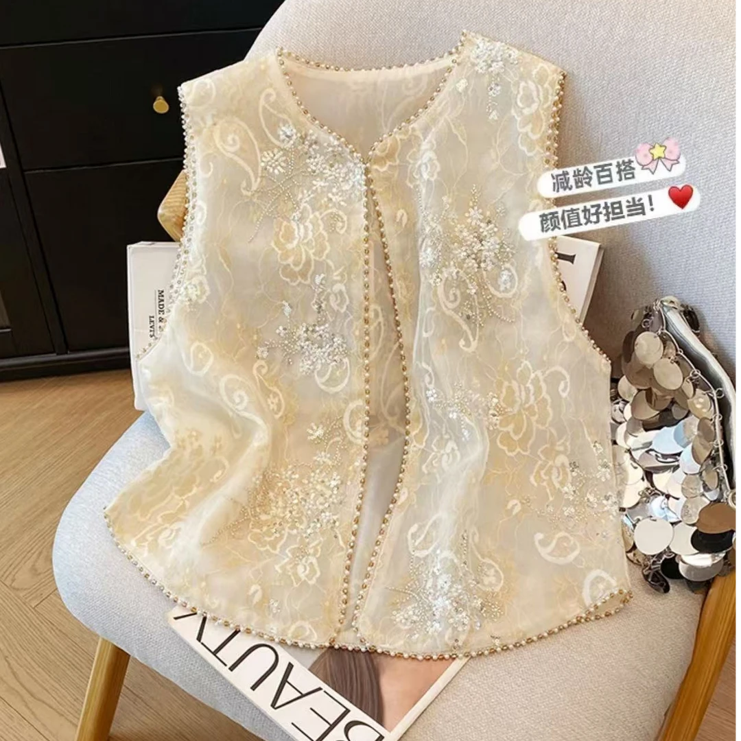 新款轻国风高级感上衣马甲春夏季新中式重工钉珠刺绣马甲背心女款