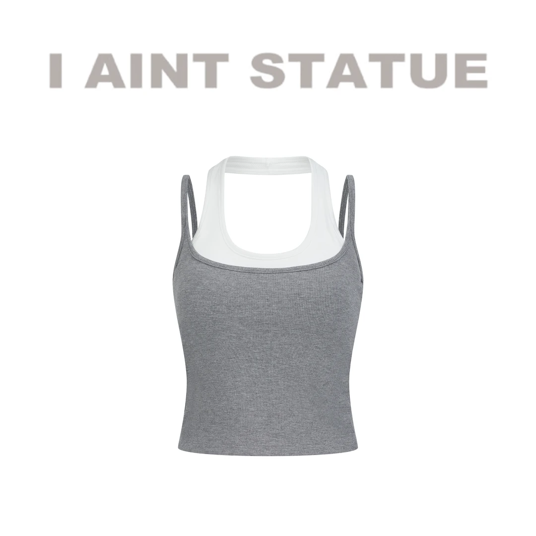 I AINT STATUE设计感假两件拼接挂脖针织吊带背心