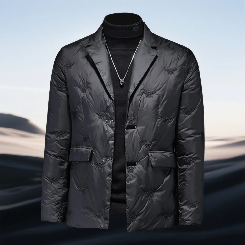 巴赛娜缇大码羽绒服男冬季轻薄潮牌短款薄款西装领蜜蜂刺绣外套潮