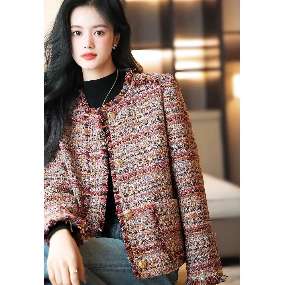 门店6/9&9！中古香风！精致粗花呢显瘦直筒圆领长袖外套夹克L71824