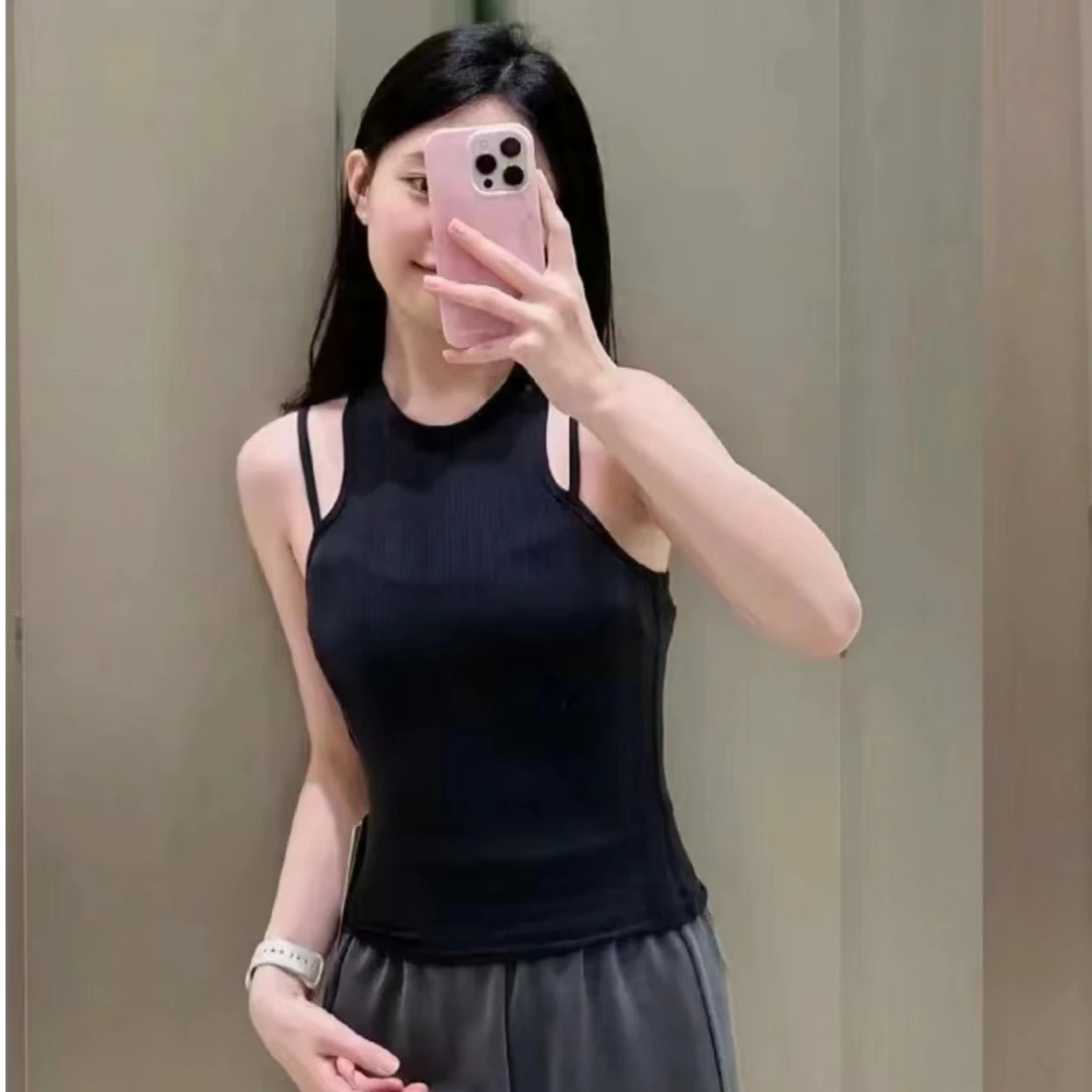 Double双细肩带背心带胸垫中强度瑜伽美背女外穿百搭罗纹无袖上衣