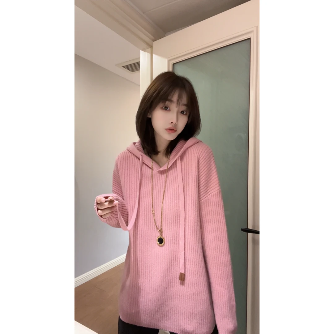 【玥玥家】100%羊毛【不可机洗】-净色坑条弹力连帽针织衫