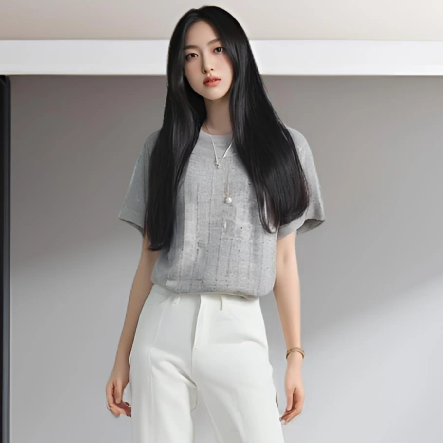 夏季新款高级感镂空灰色正肩短袖t恤时尚百搭圆领上衣