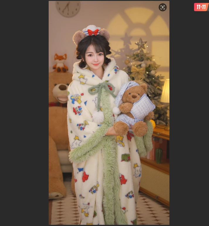 【龙龙专属】小鳄鱼蜡笔长裙防静电睡衣连帽甜风加绒加厚套装