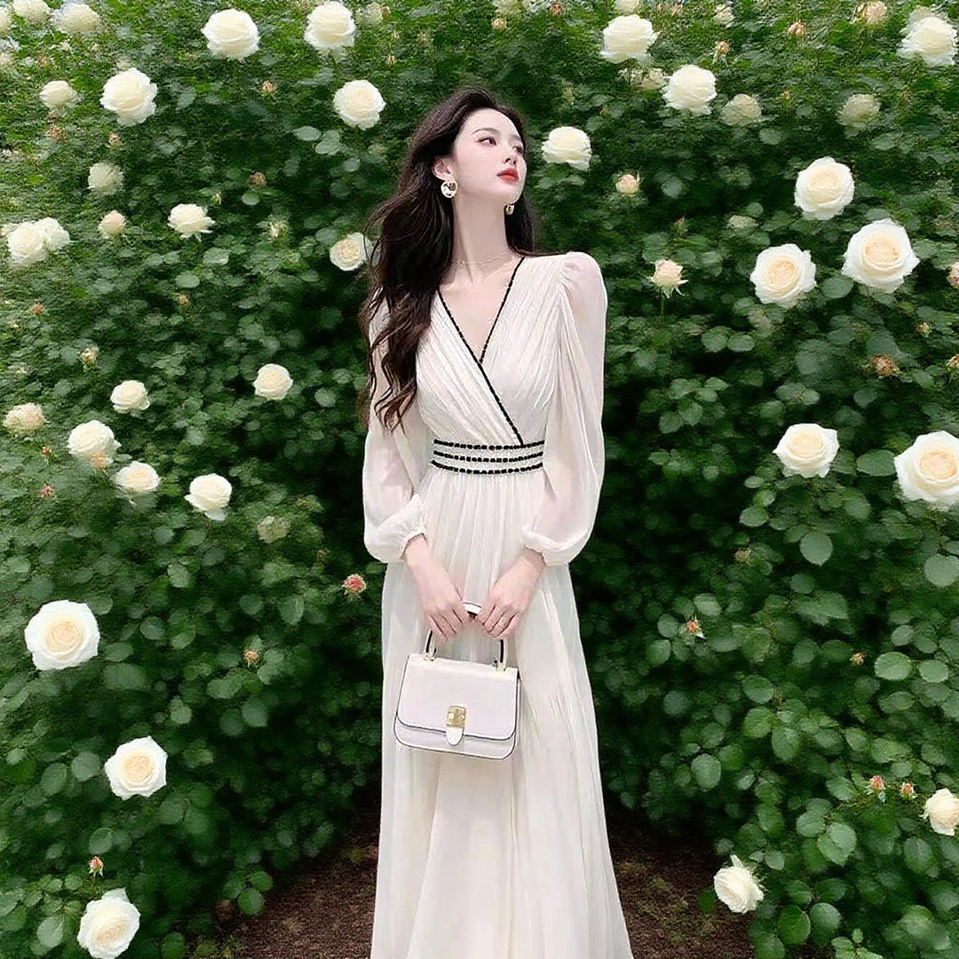千语栀【汐岸涟漪】波光粼粼~V领收腰气质拼接小白裙温柔雪纺连衣裙