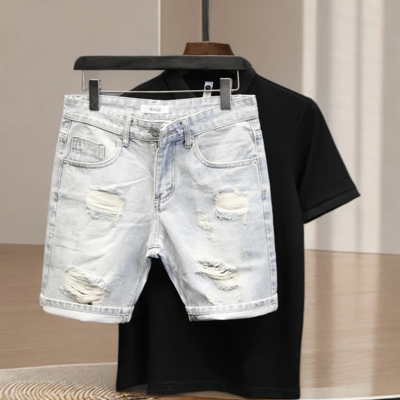 韩版男士短裤牛仔裤春秋牛仔风时尚破洞秋季薄款中腰水洗直筒休闲