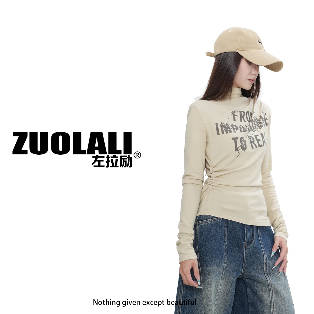 ZUOLALI/左拉励【捏褶打底】 秋冬磨毛字母印花设计-修身打底上衣