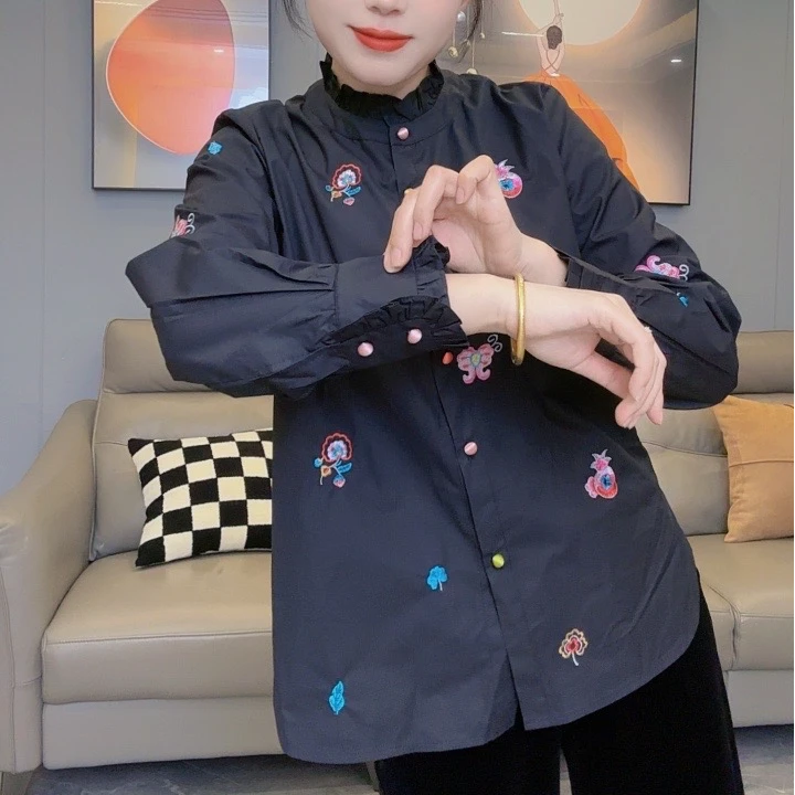 月➕2025春季新款新中式国风上衣刺绣立领气质衬衫