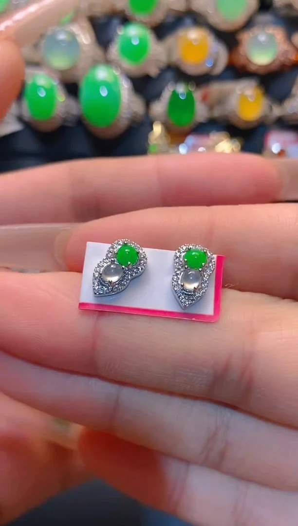 翡翠银S925镶嵌耳饰天然