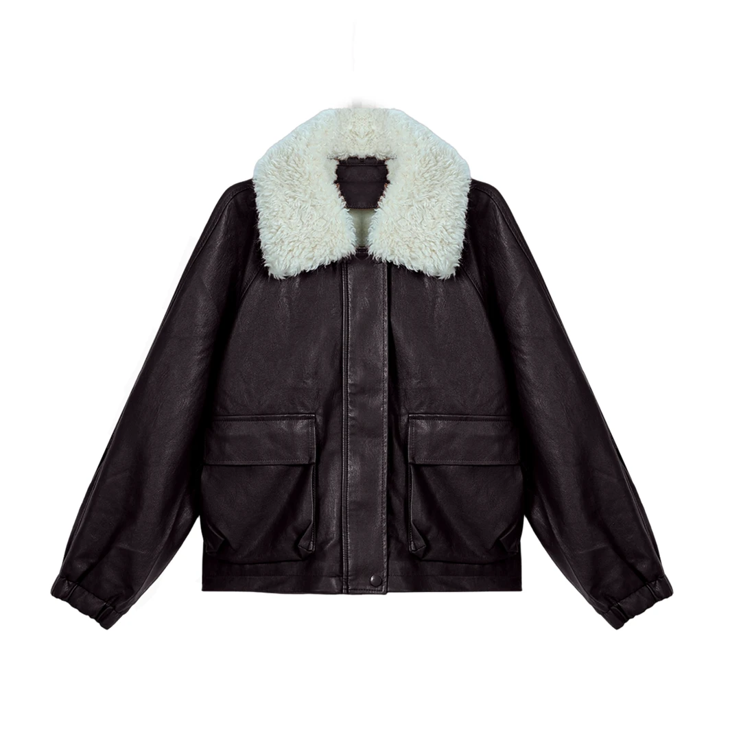 皮衣秋季加绒可拆卸毛领冬季拼接机车服秋冬拉链街头风8879