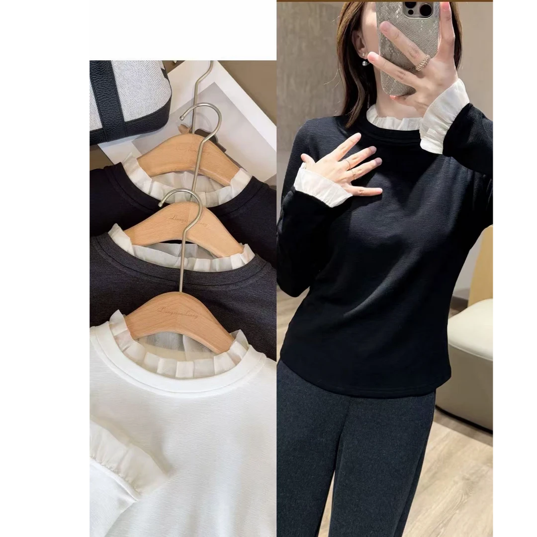 2025秋冬韩版时尚网红保暖拼接加绒修身半高领打底长袖女百搭9180