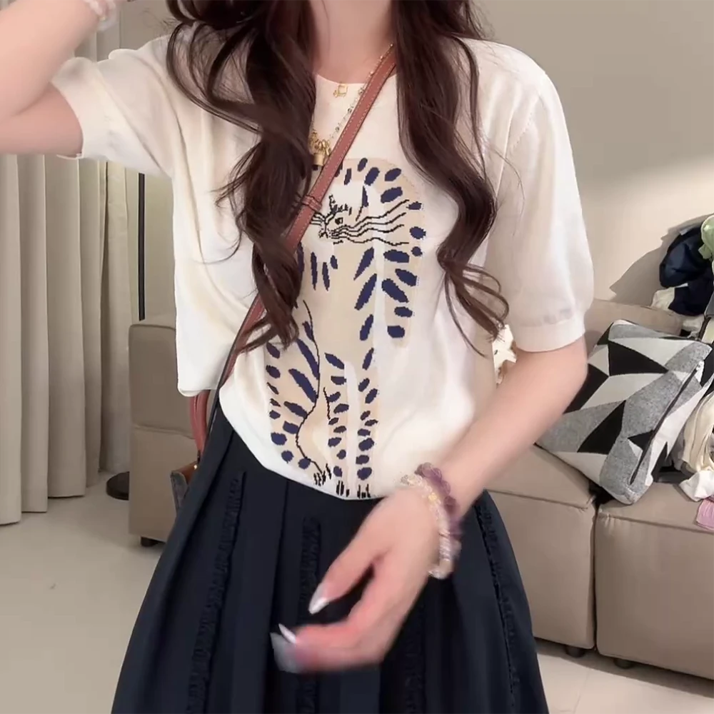 “孟加拉豹猫”重工提花圆领针织衫夏季休闲短袖上衣C5441