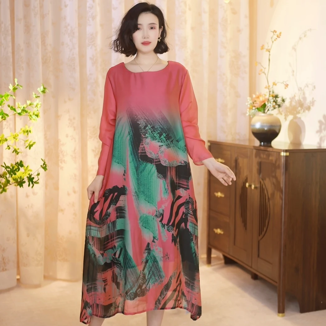 2503 红【桑蚕丝/设计款】2025年早春新款时尚百搭宽松款显瘦连衣裙