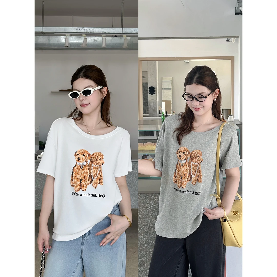 裂渡宣宣【趣味精灵】微胖大码女夏百搭趣味ins斜肩小狗T恤ZY506V97