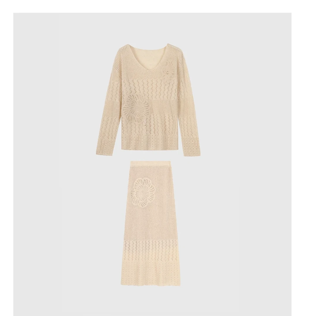 梓静 法式慵懒气质绵羊毛镂空洋气羊绒针织套装0033